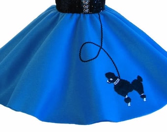 May include: A bright blue circle skirt with a black poodle silhouette embroidered on the right side. The poodle is on a leash with a loop at the top.