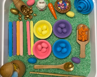Easter Egg Color Match Sensory Bin, Easter Bunny Golden Egg Hunt Rice Kit with Scented Playdough