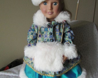 Winter Coat with hat and muff for American Girl or similar doll, OOAK, hand sewn.