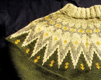 Vintage Danish Handknit Wool Fair Isle Mock Neck Sweater Green Yellow Gold Gray