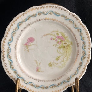 Antiek porseleinen bloemenbord Daisy Roses linten toegepast goud roze blauw groen