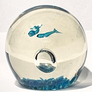VTG Blue Fish Paperweight Clear Glass Bubble