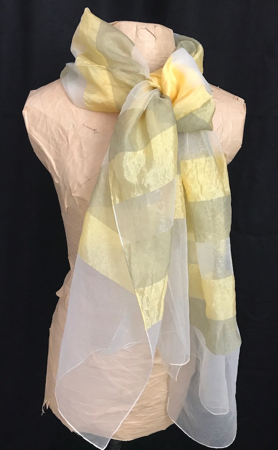 VTG Long Sheer Striped Scarf Yellow White Green Ivy Floral Look Like Grace Kelley