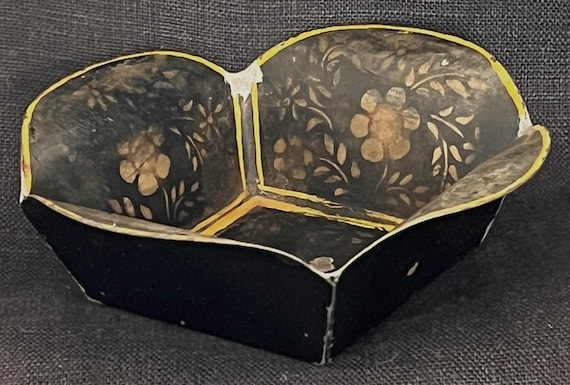 Vintage Toleware Black Floral Stencil Ashtray Black Gold 1960's Colonial Revival
