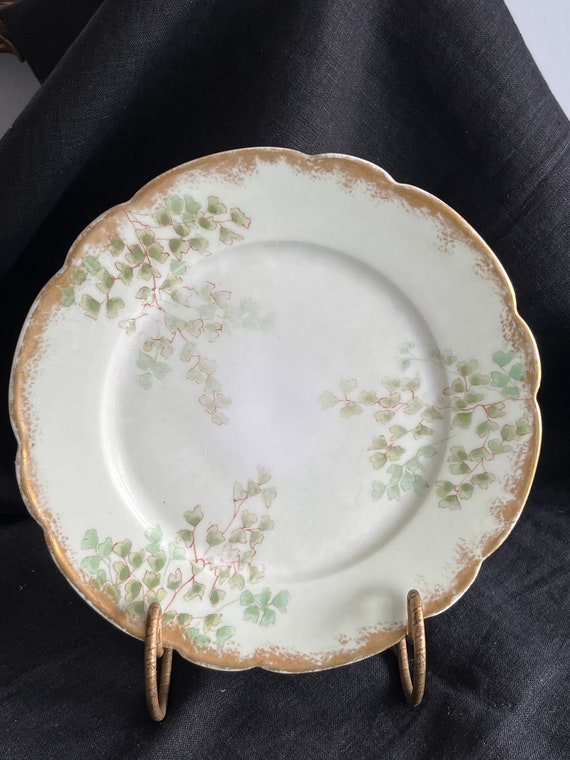 Antique LImoges Plate Hand Painted Ivy Branches & Leaves Green Gold Scalloped Edge