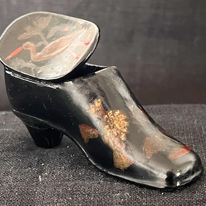 Antique Lacquered Shoe Matchbox & Striker Handpainted birds