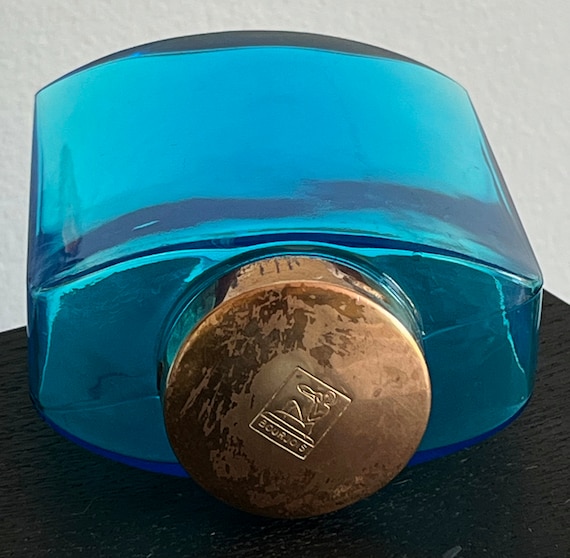 VTG Blue Bottle Bourgois Paris Turquoise Blue Glass Brass Top Bottle Talcum Powder Bottle