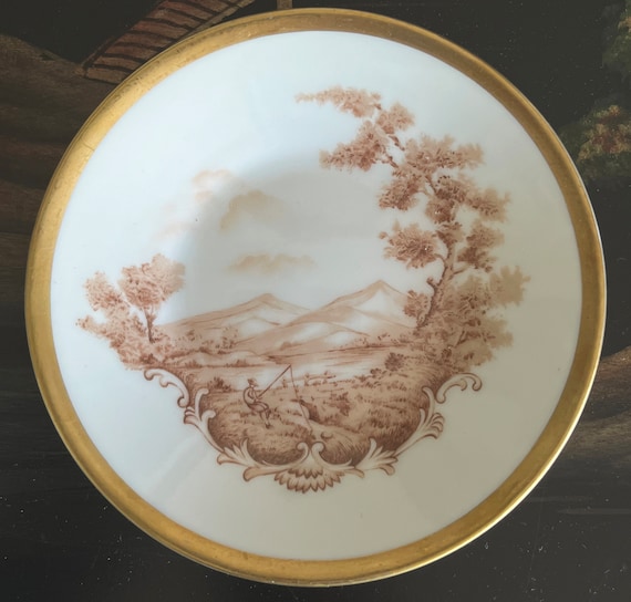 VTG Hand Painted Sepia Fishing Scene Porcelain Small Plate Portugal Sepia Gold Ring Plate Soap Dish