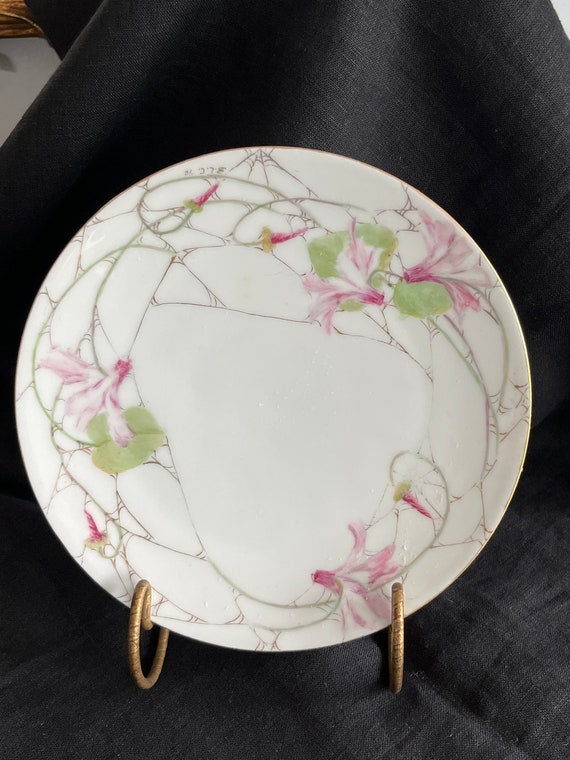 Antique Spider Web Hand Painted Plate Sevres Bavaria Unusual Morning Glory Pink Green Gold Porcelain Luncheon Dessert Hors d'oeurve Plate
