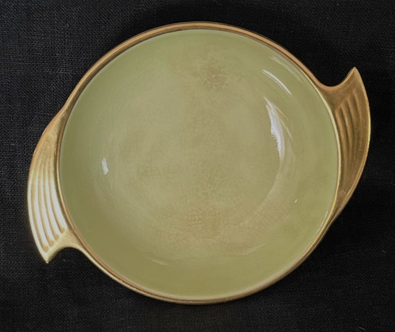 CarltonWare Bowl England Vintage Art Deco Atomic MCM Bright Lime Chartreuse Green Gold Winged Handled Dish