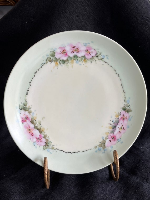 VTG Hand Painted Plate Pink Flowers Moss Roses Green Yellow Blue Black Bouquet