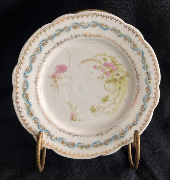 Antique Porcelain Flower Plate Daisy Roses Ribbons Applied Gold Pink Blue Green