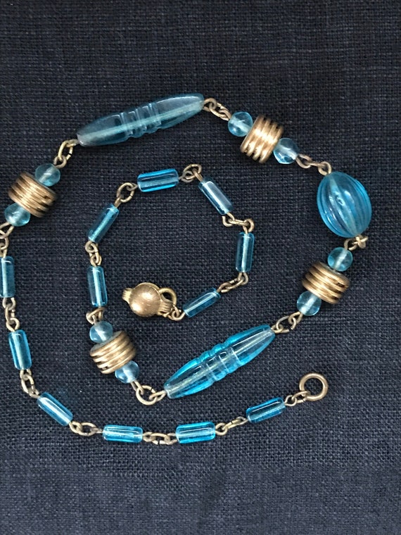 Vintage Aqua Peacock Blue Czech Glass Bead Brass Choker Necklace