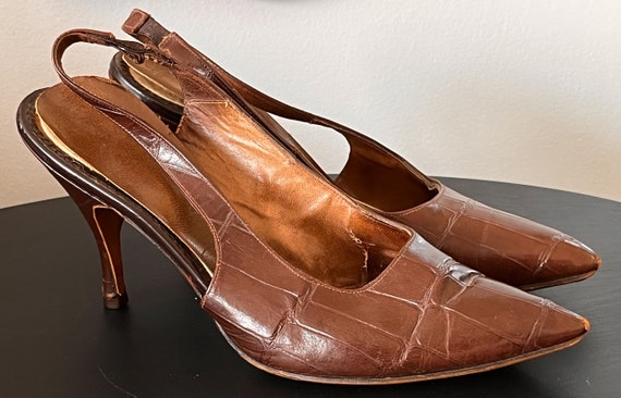 VTG 1950's Brown Leather Crocodile Embossed Stiletto Slingbacks Size 6.5