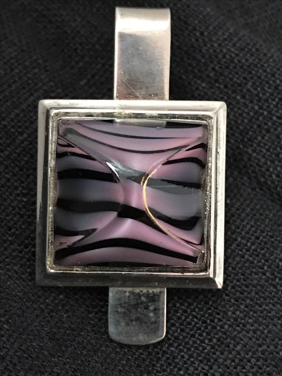 VTG MCM Tie Clip Glass Purple Pink Black Zebra Tiger Stripes Mad Men Ready