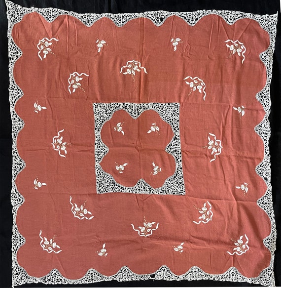 VTG Linen Cotton Table Topper Napkin Set | Tablecloth | Square | Rust Clay Linen | White Tan Embroidery | White Crochet Trim