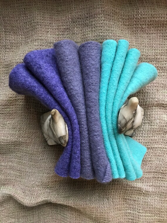 Aqua Purple Cashmere Felted Wool Bundle 8 Pcs 6x6 Squares Recycled