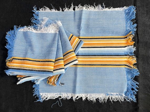 VTG Tablecloth + 6 Napkins Fine Handwoven Brilliant Orange Blue Black White