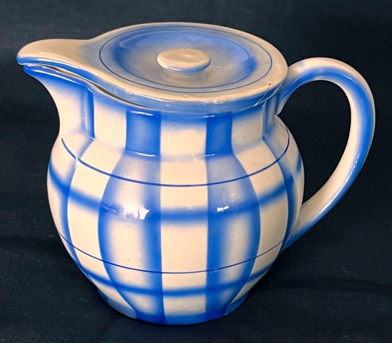 VTG Blue + White Covered Cream Pot Pitcher Erphilia Czechoslovakia Bright Blue Air Brush Bauhaus Spritzdekor Plaid