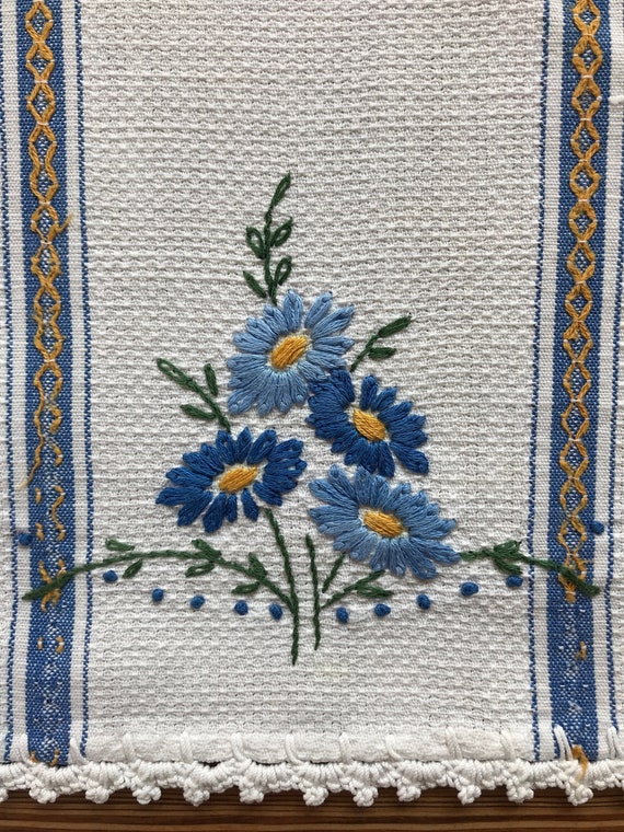 VTG Hand Embroided | Kitchen Towel | Bath Hand Towel | Blue Yellow Green White Floral Design | Crochet Lace Hem