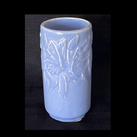 Vintage MCM McCoy Pottery Butterfly Pattern Flowers Periwinkle Blue Vase 6 Inch