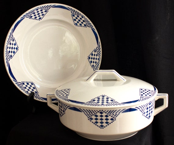Vintage Blue + White French Art Deco Tureen + Platter