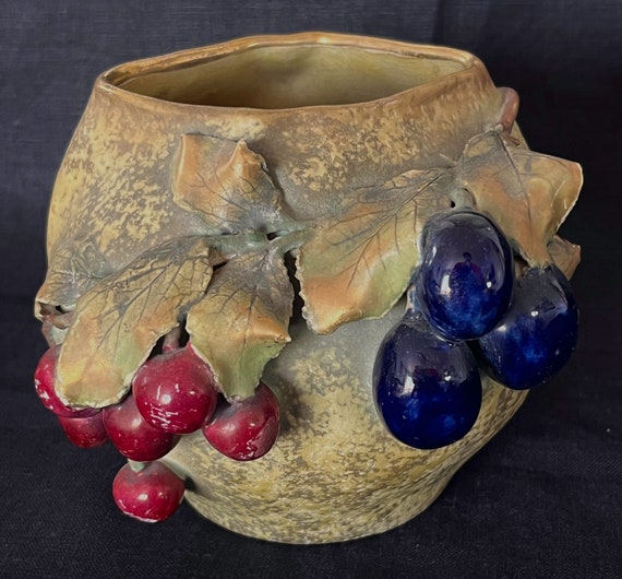 Art Nouveau Vintage Art Pottery Turn-Teplitz Austria Grape + Cherries Art Pottery Low Bowl Vase Maybe Amphora