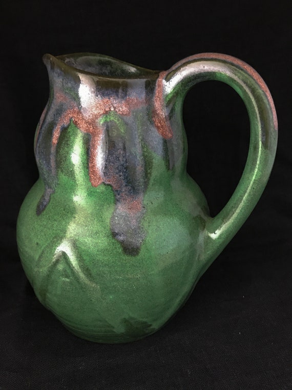 VTG Pristine Denbac French Art Pottery Gres Flame Pitcher Vase MINT Green Pink Rose Blue Black Purple