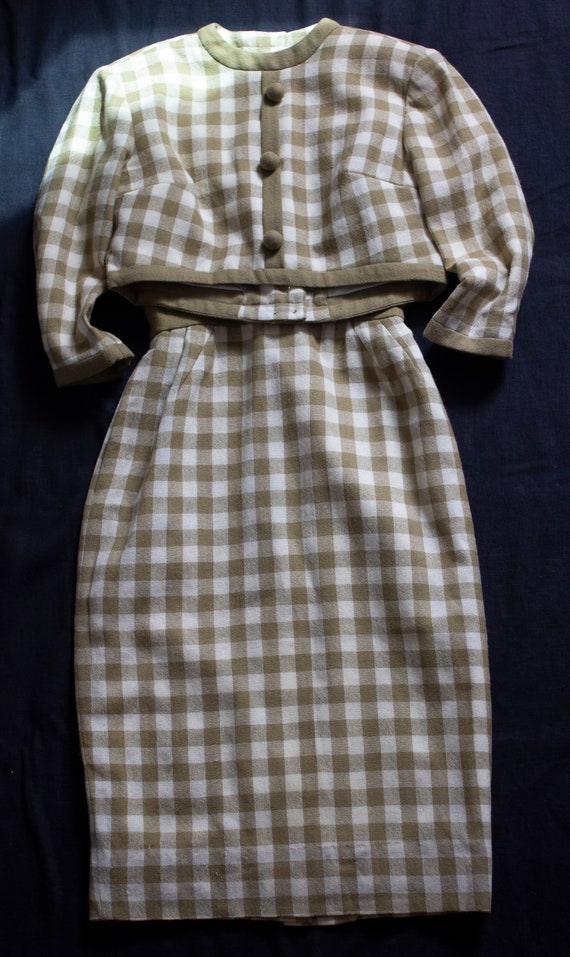 VTG Wiggle Dress + Jacket Cream and Camel Wool Ch… - image 1