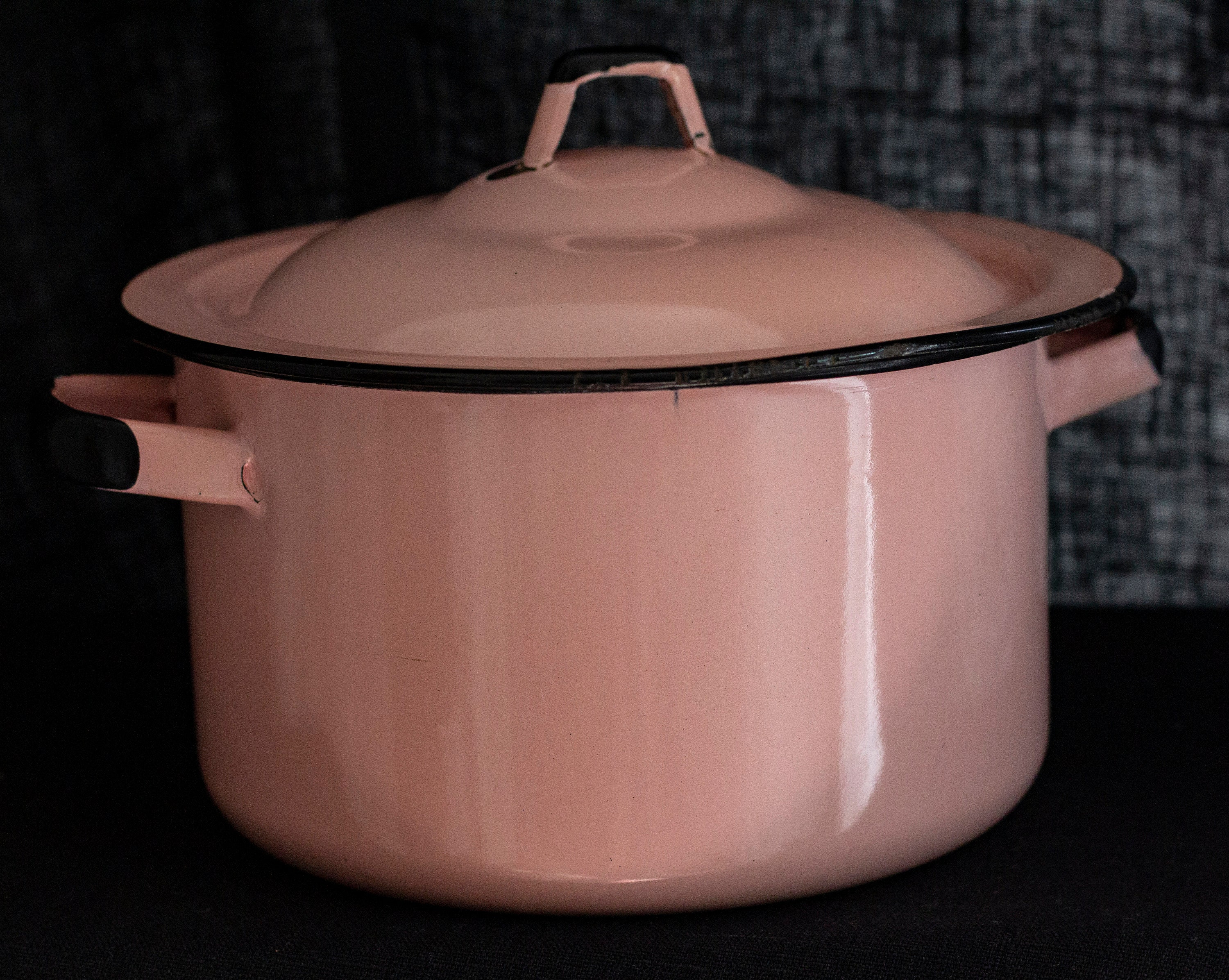 Vintage 1950's Baby Pink Black Enamelware Cooking Pot and Lid Pan