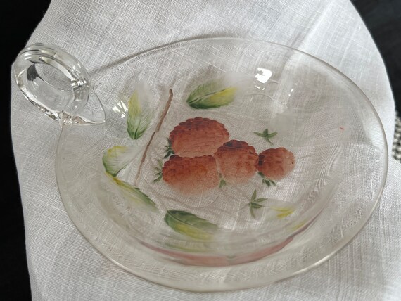 Vintage Raspberry Cut Glass Bowl Red Green Yello Brown