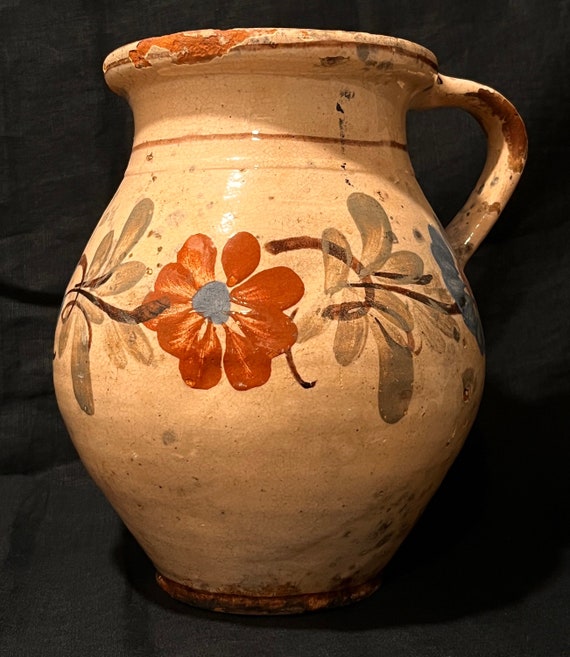 Vintage Antique 19th Century Hand Made Country French Terra-cotta Jug Floral Jaspe Decoration Pink Blue Green Red