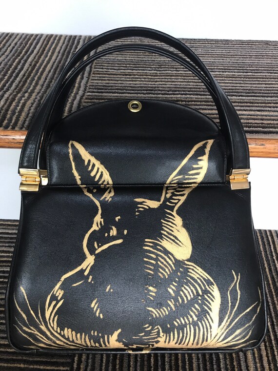 VTG Gold Rabbit Stencil on Black Leather Purse HandBag Unique One of a Kind Hand painted decorated