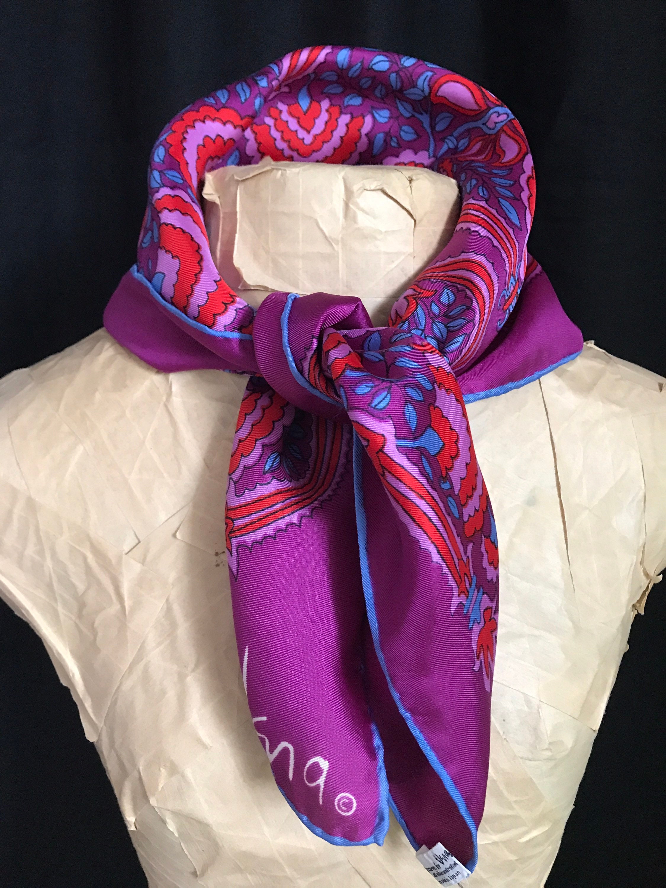 VTG Vera Silk Scarf Mod Flowers Vines Purple Blue Lilac Red