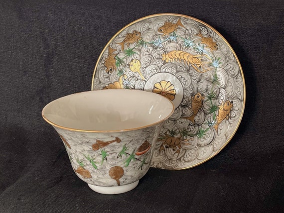Antique Hand Painted Sealife Ramekin + Plate China or Japan Green Black Gold Orange Fish Crustaceans