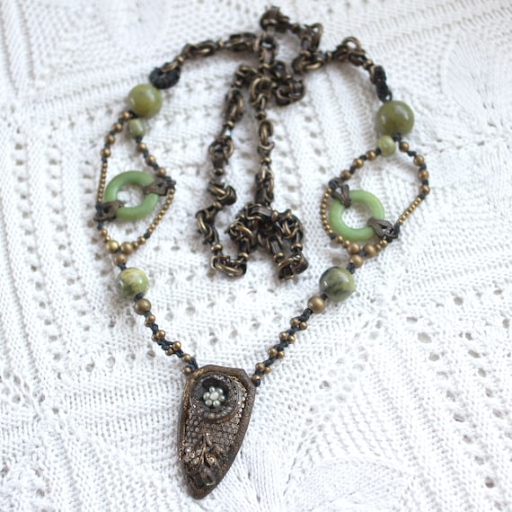 VTG Collage Necklace, Green Stone Brass Bakelite Beads Knotted Linen Cord + Chain Gold Vermeil Rhinestone Seed Pearl