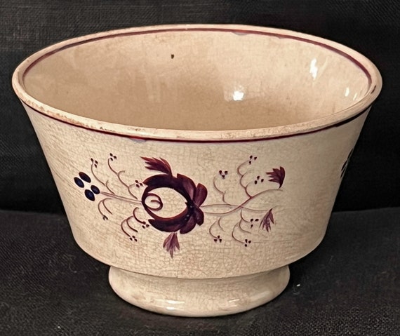 Tea Bowl Antique Hand Painted Floral Indigo Blue Purple Double Glaze