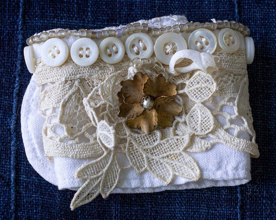 Embellished White Linen + Lace Cuff Bracelet