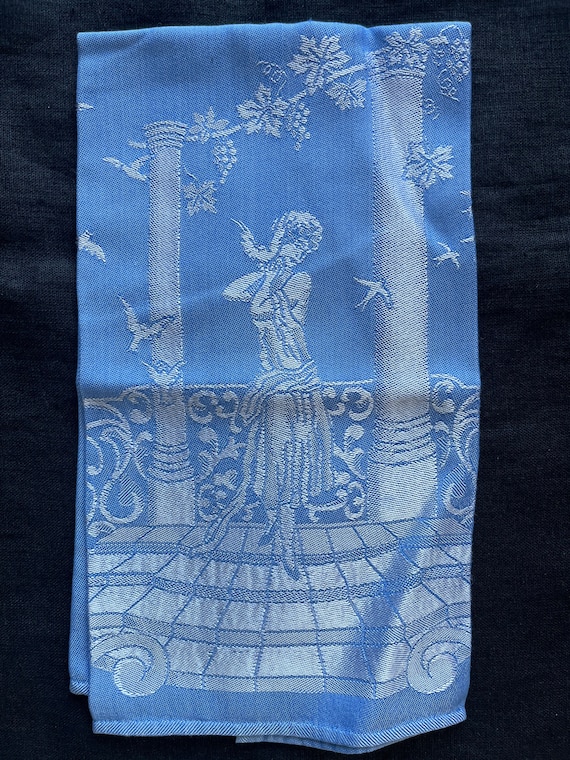 VTG Flapper Dress Lady Hand Towel Tea Towel Blue Gray Columns Birds and Grapes