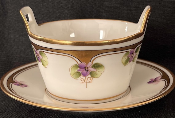 Vintage W. A. Pickard Hand Painted Violets Ramekin + Saucer Bone China Purple White Green Gold