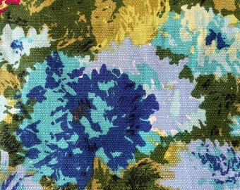 1965 Floral Bark Cloth Fabric Yardage: Mid-Century Modern Avocado Green