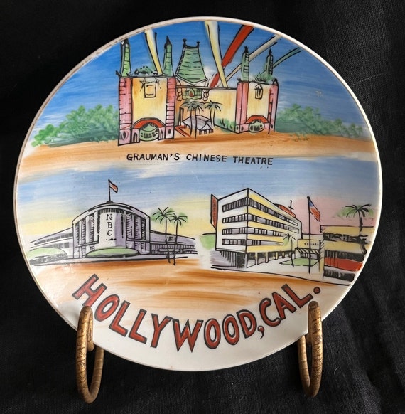 Vintage Kitsch Hollywood, California Souvenir Plate Grauman's Chinese Theater, NBC and CBS