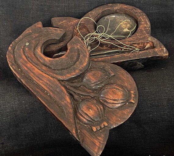 Antique Carved Poppy Poppies Box Opium Scale + Carved Wooden Case Box