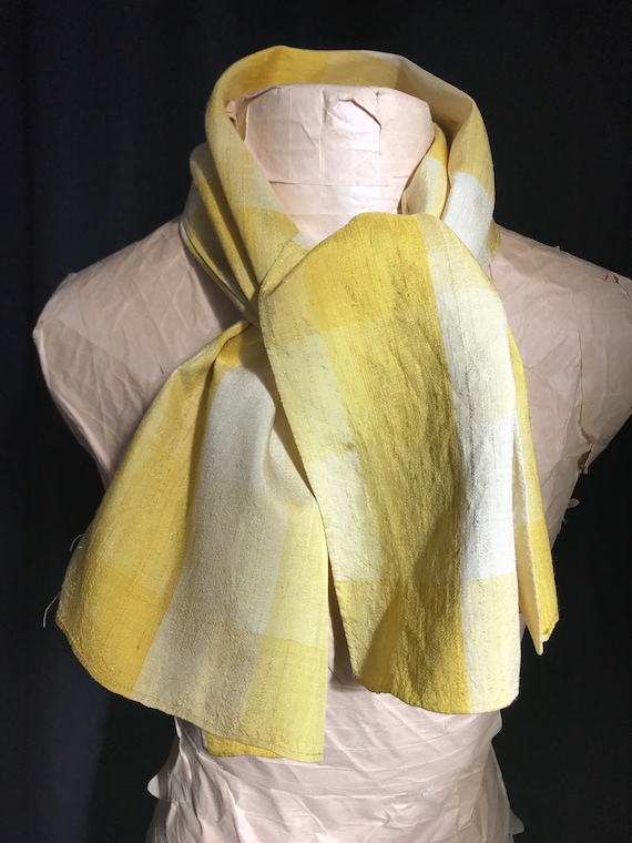 VTG Silk Scarf Cadmium Canary Yellow Cream Woven Plaid Raw Nubby Fabric
