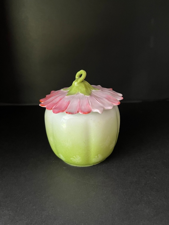 Covered Flower Blossom Vessel German Polish Prussian Porcelain Green Pink White Honey Pot Jam Jar