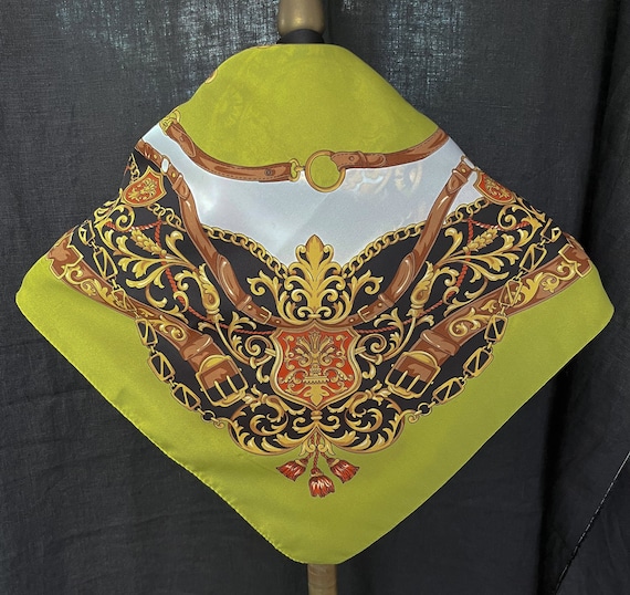 VTG 1980's | Bight Green Harness Design | Medallion Scarf | Lime Green-Gold Brown Tan Black Orange White