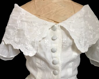 VTG MCM Wedding Dress White Organdy Broderie Anglaise Tea