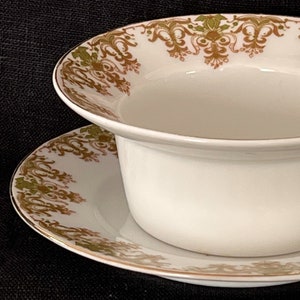 Antique Schwatzburg China Scroll and Floral Flared Ramekin & Saucer Green Sable