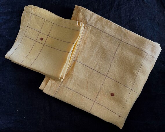 VTG Linen Table Topper Napkin Set | Tablecloth | Square | Wheat Yellow Linen | Brown Dot Embroidery |