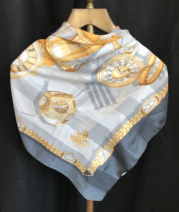Vintage Clocks Watches Silky Scarf 1980's Grey Gold Silver